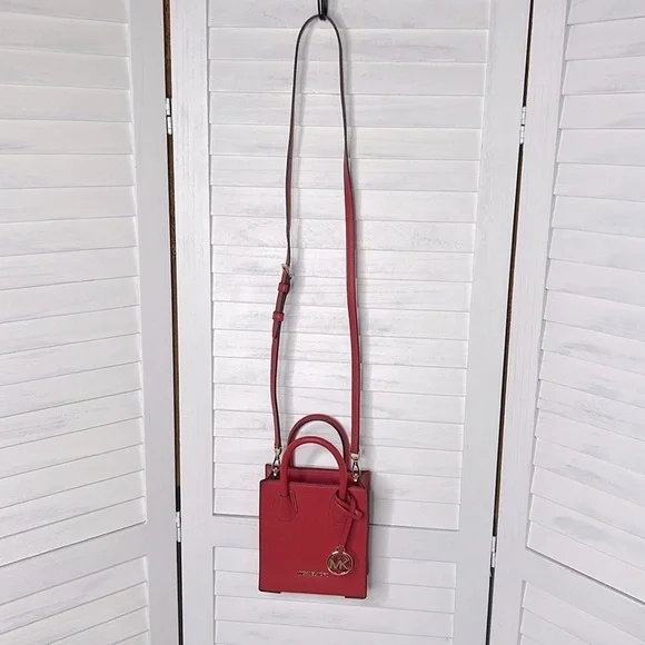MICHAEL KORS Mercer Extra Small Mini Pebble Leather Crossbody Flame Red NWT